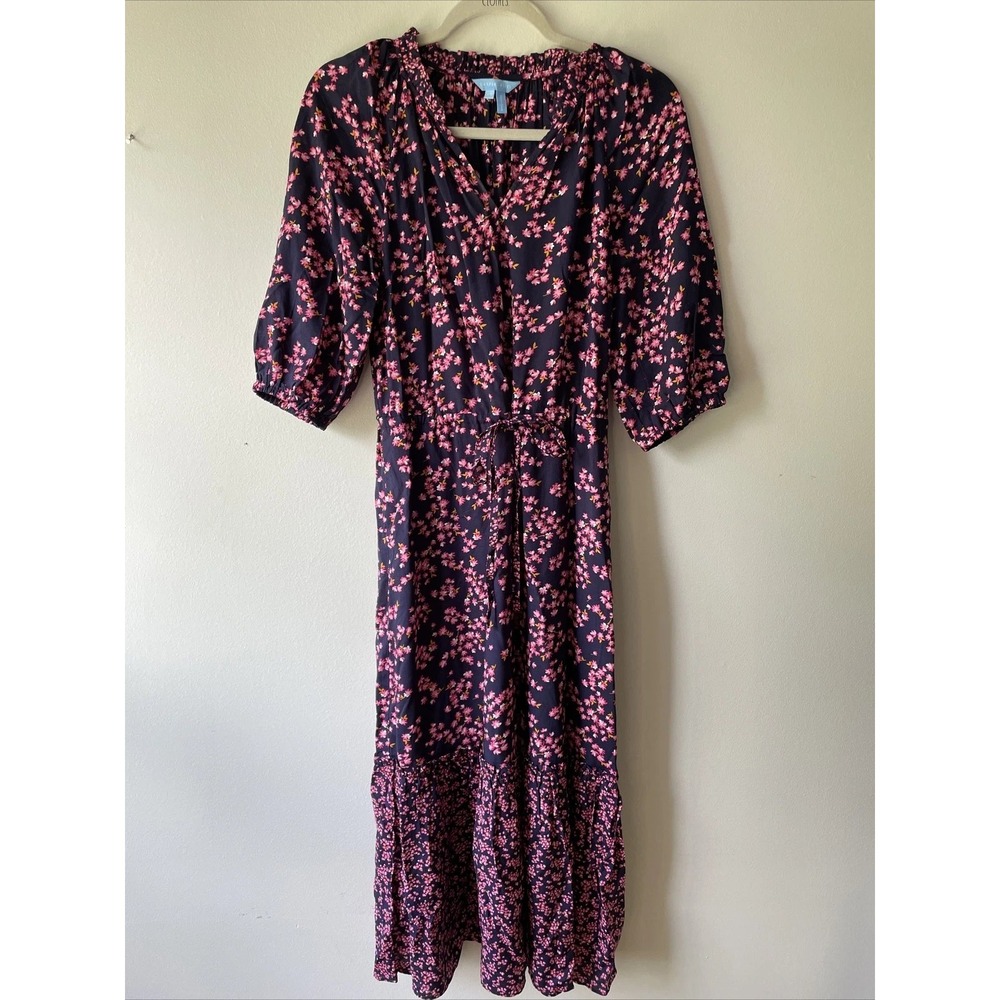 Draper James Dress Women XS Navy Pink Floral Tiered Midi Ruffle Cottagecore Darl - Picture 2 of 12
